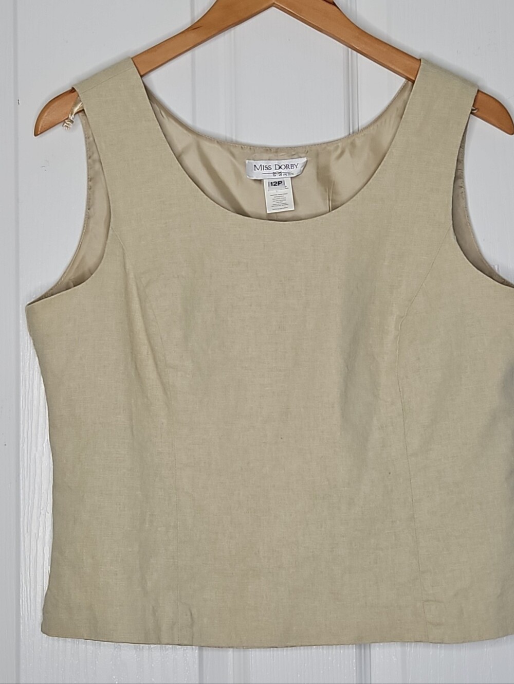 Vtg Miss Dorby Linen Blend Sleeveless Top Size 12P Tan Neutral Lined Minimalist